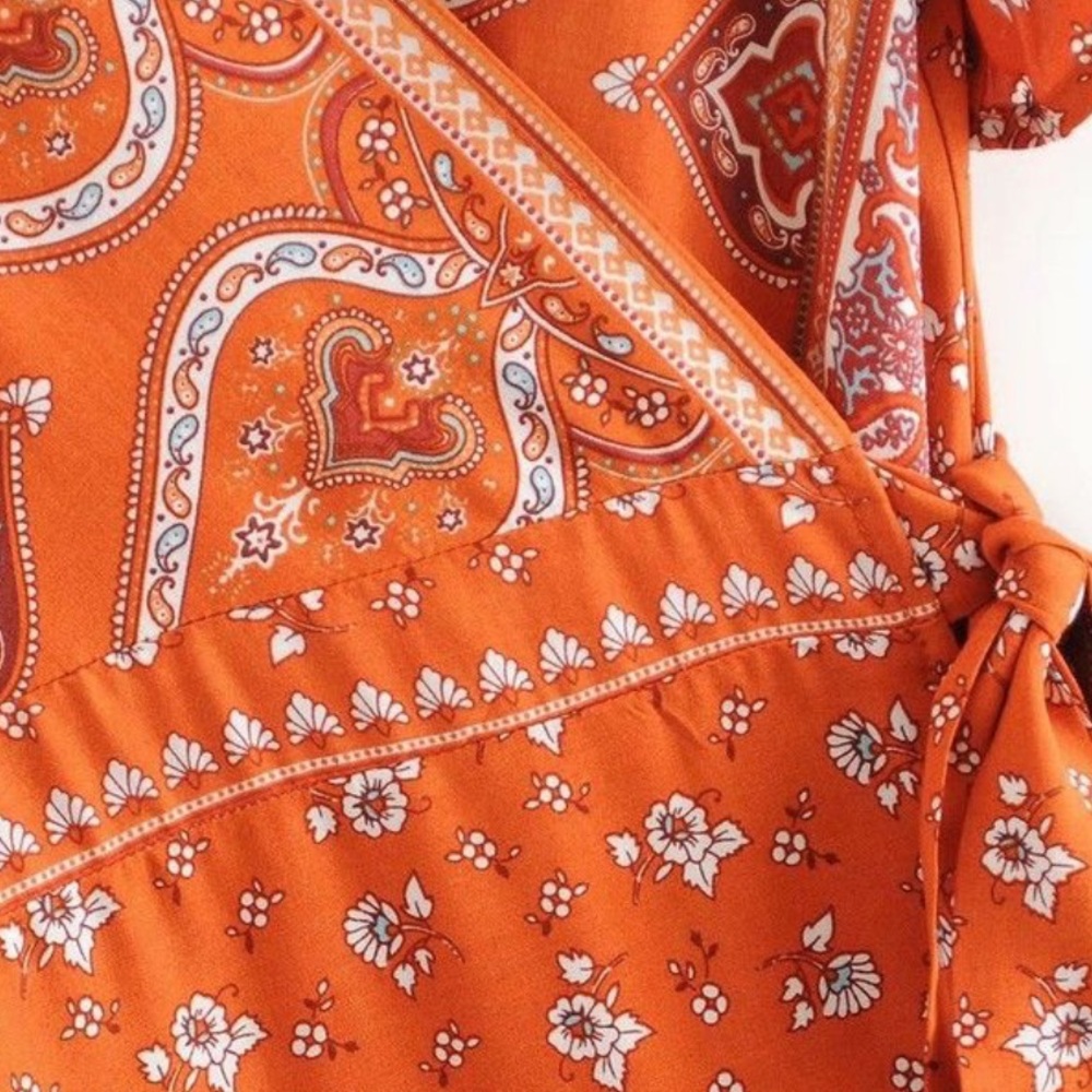 Boho Floral Gypsy Print Short Wrap Dress Orange - Picture 6 of 10